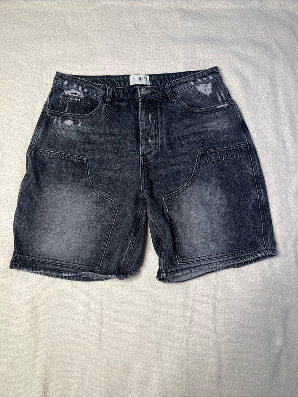 YoungLA Black Denim Jean Double Knee Cotton Shorts Mens Medium M Streetwear Vtg